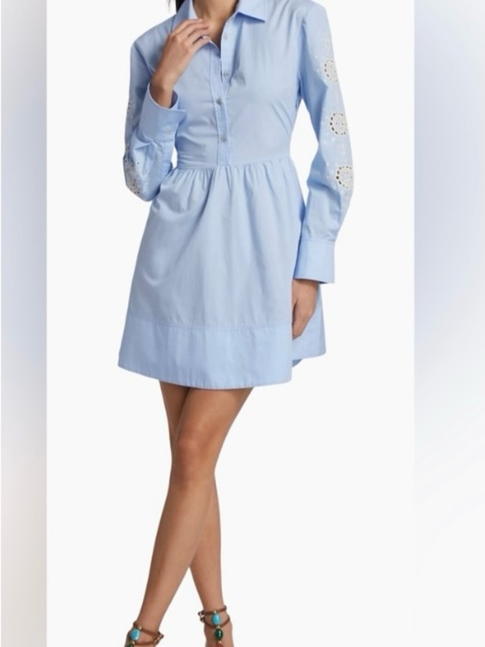 Tanya Taylor Light Blue Eyelet Sleeve Shirt Dress